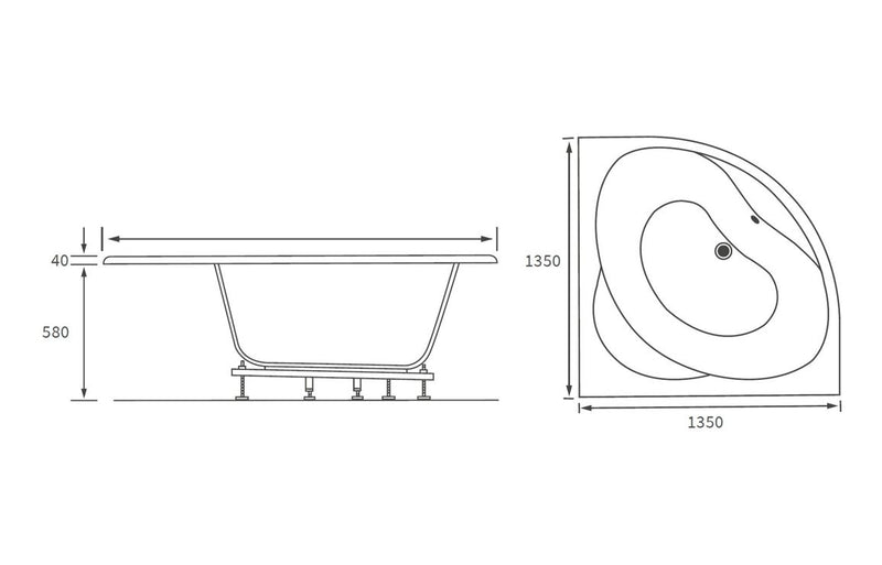 Yarmouth Standard 1350x1350x620mm 0TH Corner Bath w/Legs - KPSB105677