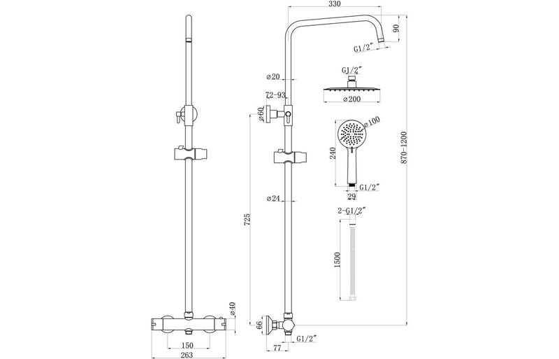 Hydro Round Thermostatic Bar Mixer w/Riser Kit - Chrome - KPSB105832