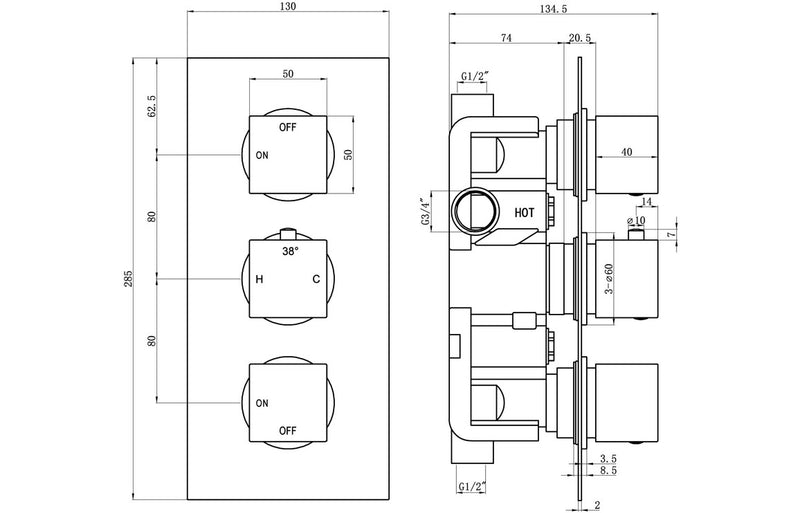 Mineral Thermostatic Two Outlet Triple Shower Valve - Chrome - KPSB105845