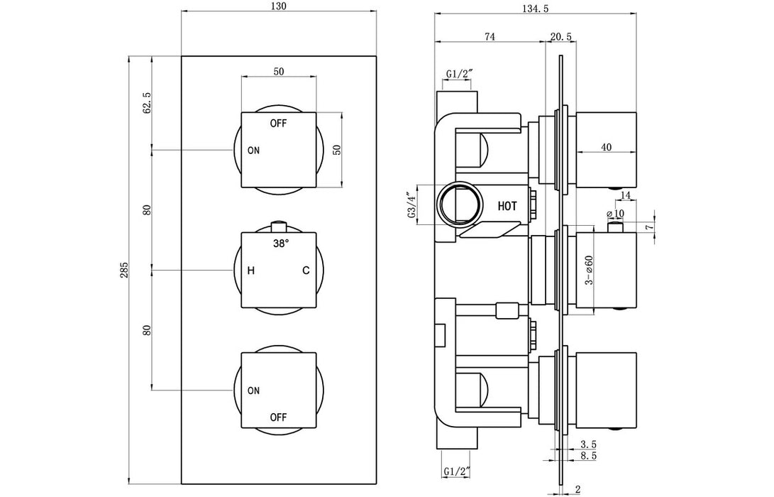 Mineral Thermostatic Two Outlet Triple Shower Valve - Chrome
