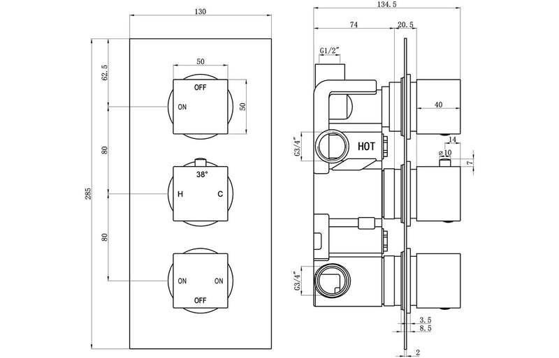 Mineral Thermostatic Three Outlet Triple Shower Valve - Chrome - KPSB105846