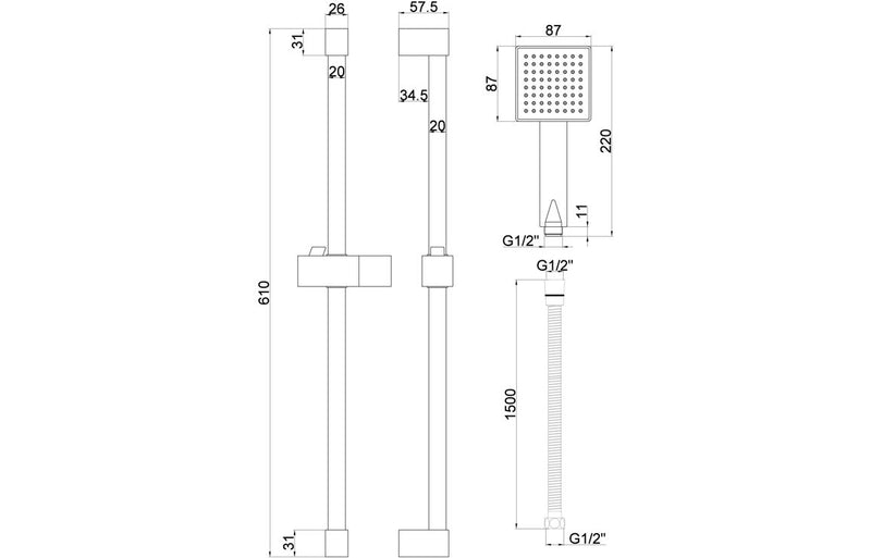 Mineral Square Slider Rail Kit & Single Mode Handset - Chrome - KPSB105857