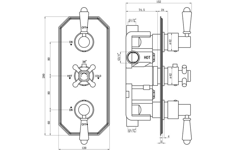 Jet Traditional Lever Thermostatic Two Outlet Shower Valve - Chrome - KPSB105882