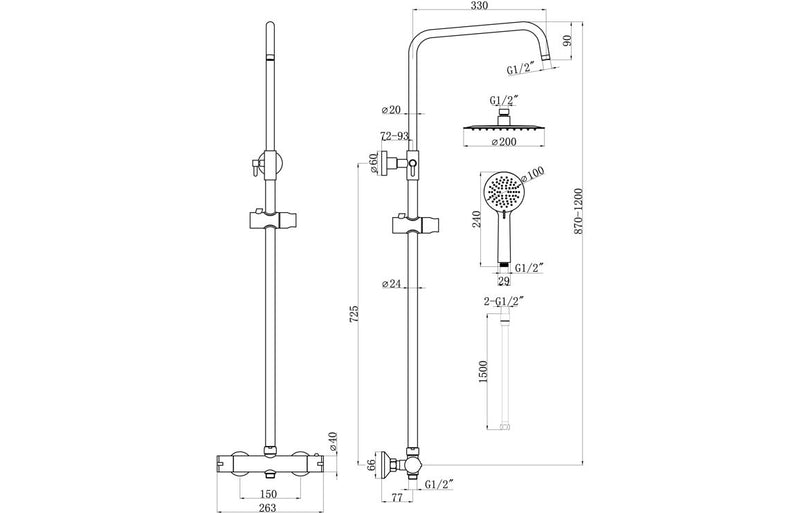 Hydro Round Thermostatic Bar Mixer w/Riser Kit - Brushed Brass - KPSB105888