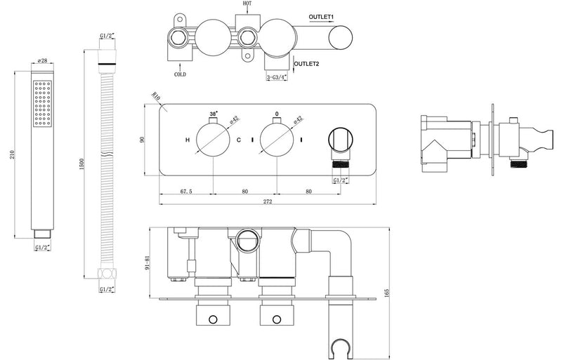 River Shower Pack One - Two Outlet Twin Shower Valve w/Handset & ABS Overhead - Chrome - KPSB105892