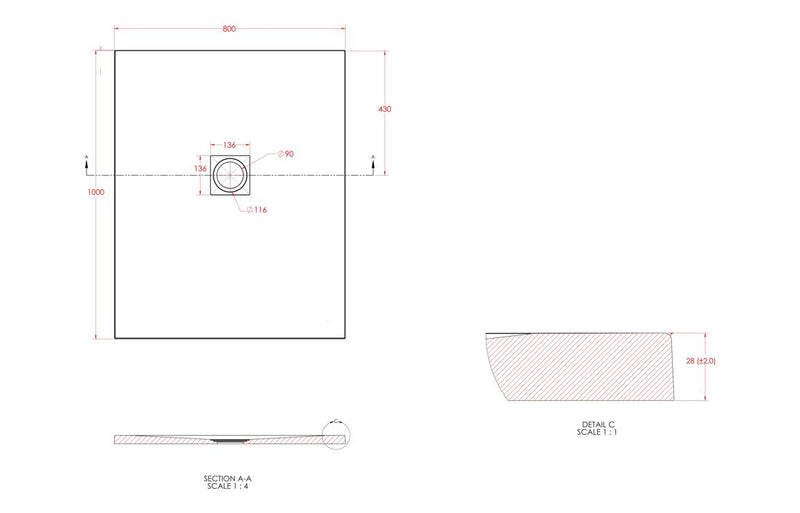 25mm 1000x800mm Slate Effect Ultra-Slim Rectangular Tray & Waste - KPSB106626