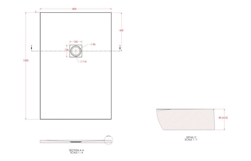 25mm 1200x800mm Slate Effect Ultra-Slim Rectangular Tray & Waste - KPSB106627