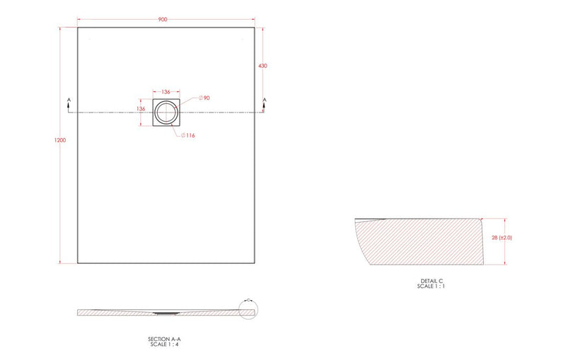 25mm 1200x900mm Slate Effect Ultra-Slim Rectangular Tray & Waste - KPSB106628