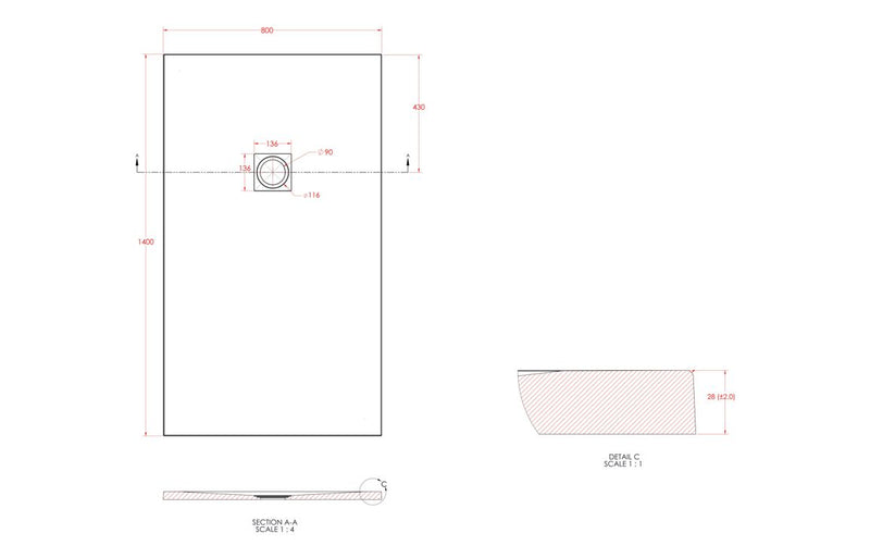 25mm 1400x800mm Slate Effect Ultra-Slim Rectangular Tray & Waste - KPSB106629