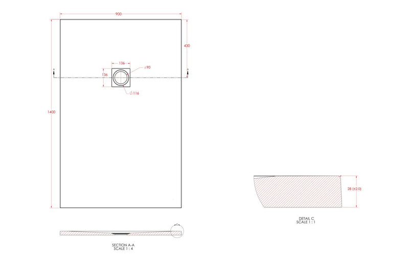 25mm 1400x900mm Slate Effect Ultra-Slim Rectangular Tray & Waste - KPSB106630
