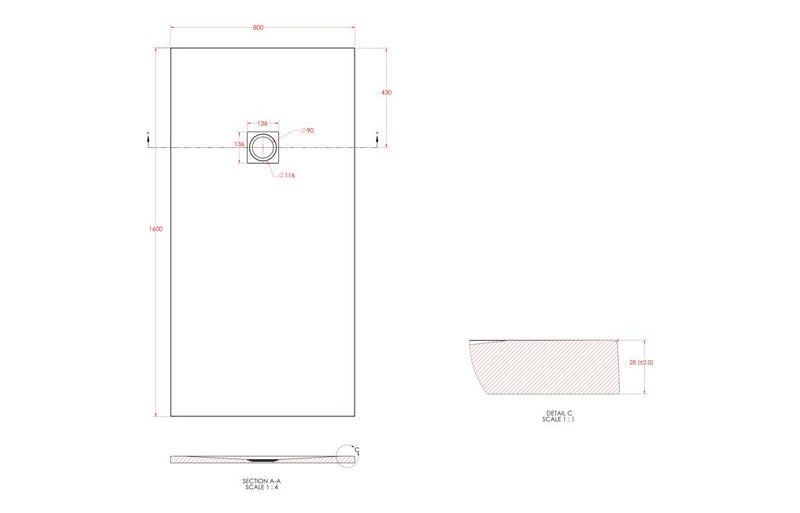 25mm 1600x800mm Slate Effect Ultra-Slim Rectangular Tray & Waste - KPSB106631