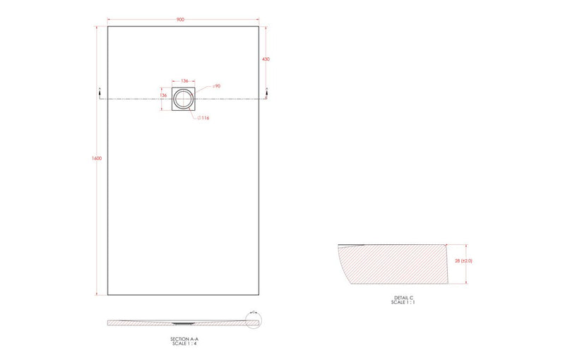 25mm 1600x900mm Slate Effect Ultra-Slim Rectangular Tray & Waste - KPSB106632