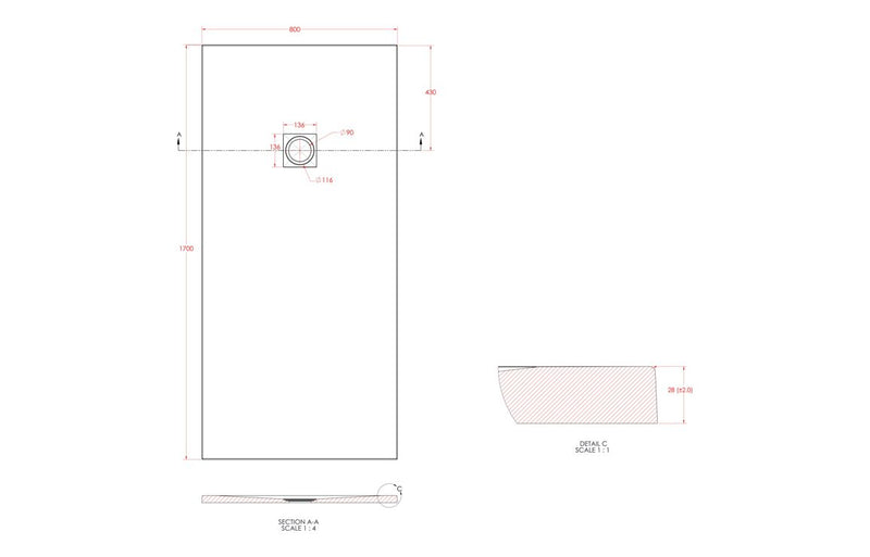25mm 1700x800mm Slate Effect Ultra-Slim Rectangular Tray & Waste - KPSB106633