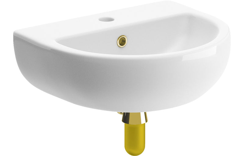 Adisham 450x400mm 1TH Cloakroom Basin & Brushed Brass Bottle Trap - KPSB106864