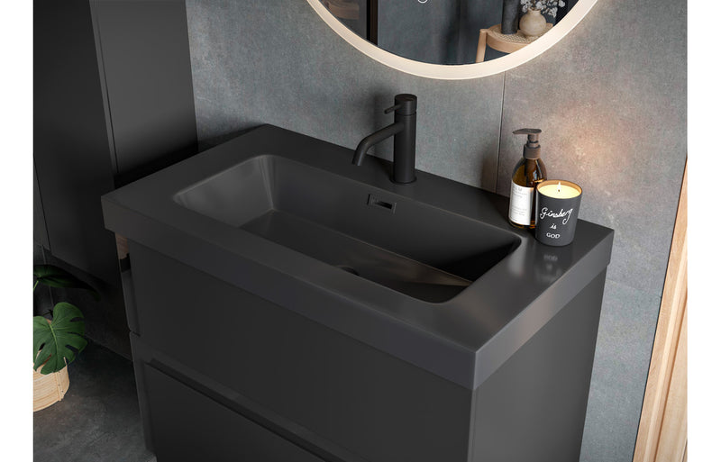 Iris 605mm Wall Hung 2 Drawer Basin Unit & 1TH Co-ordinating Basin - Matt Black & Glass - KPSB106879