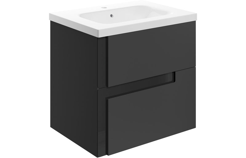 Iris 615mm Wall Hung 2 Drawer Basin Unit & 1TH White Basin - Matt Black & Glass - KPSB106880