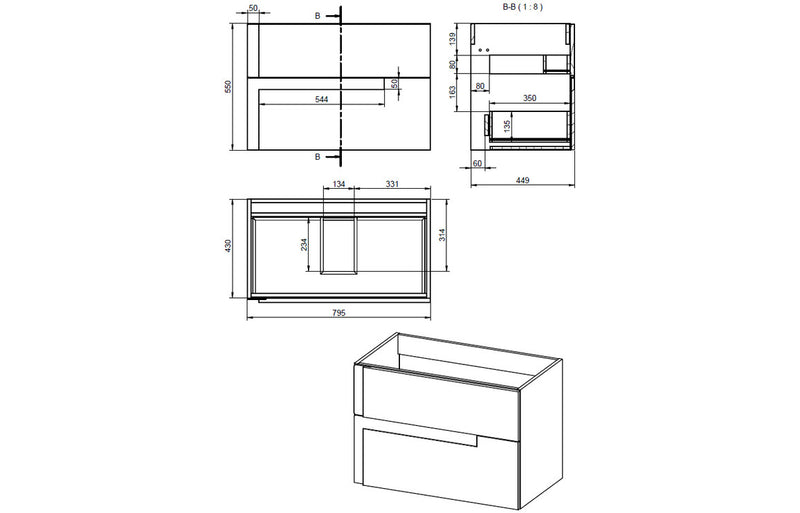 Iris 805mm Wall Hung 2 Drawer Basin Unit & 1TH Co-ordinating Basin - Matt Black & Glass - KPSB106881