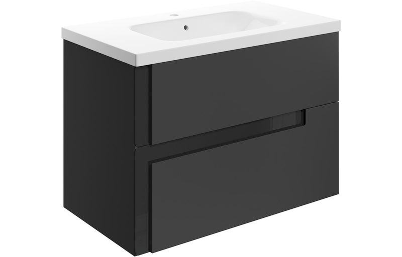 Iris 815mm Wall Hung 2 Drawer Basin Unit & 1TH White Basin - Matt Black & Glass - KPSB106882