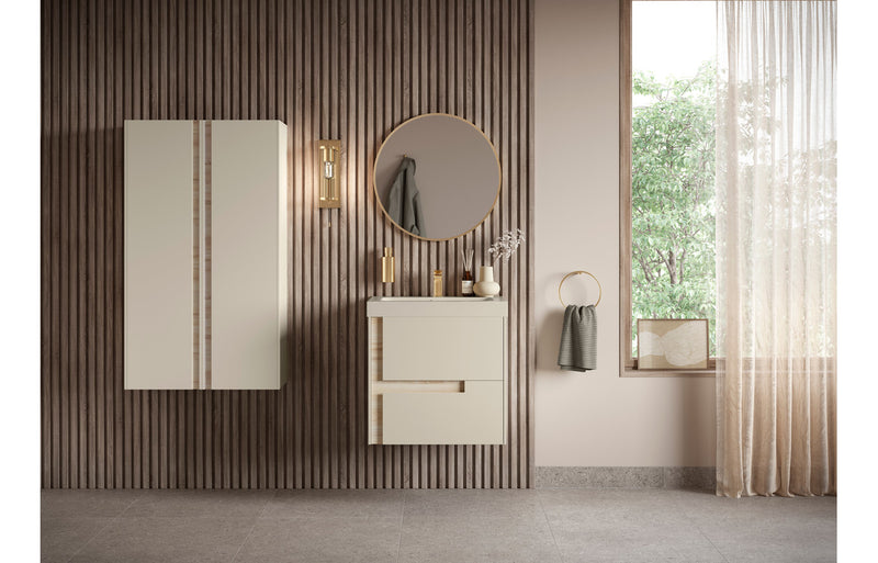 Iris 350mm Wall Hung 1 Door Tall Unit - Matt Cotton & Oak Effect - KPSB106883