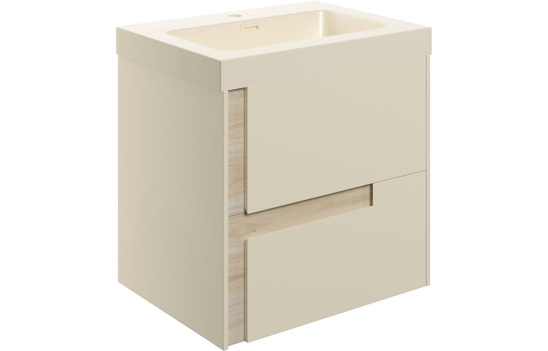 Iris 605mm Wall Hung 2 Drawer Basin Unit & 1TH Co-ordinating Basin - Matt Cotton & Oak Effect - KPSB106884