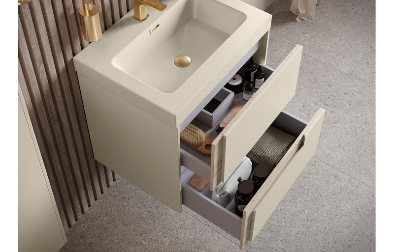 Iris 605mm Wall Hung 2 Drawer Basin Unit & 1TH Co-ordinating Basin - Matt Cotton & Oak Effect - KPSB106884