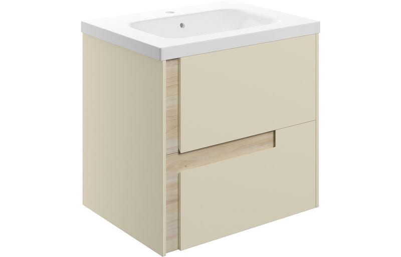 Iris 615mm Wall Hung 2 Drawer Basin Unit & 1TH White Basin - Matt Cotton & Oak Effect - KPSB106885