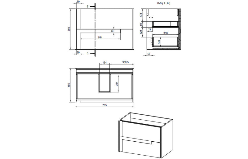 Iris 805mm Wall Hung 2 Drawer Basin Unit & 1TH Co-ordinating Basin - Matt Cotton & Oak Effect - KPSB106886