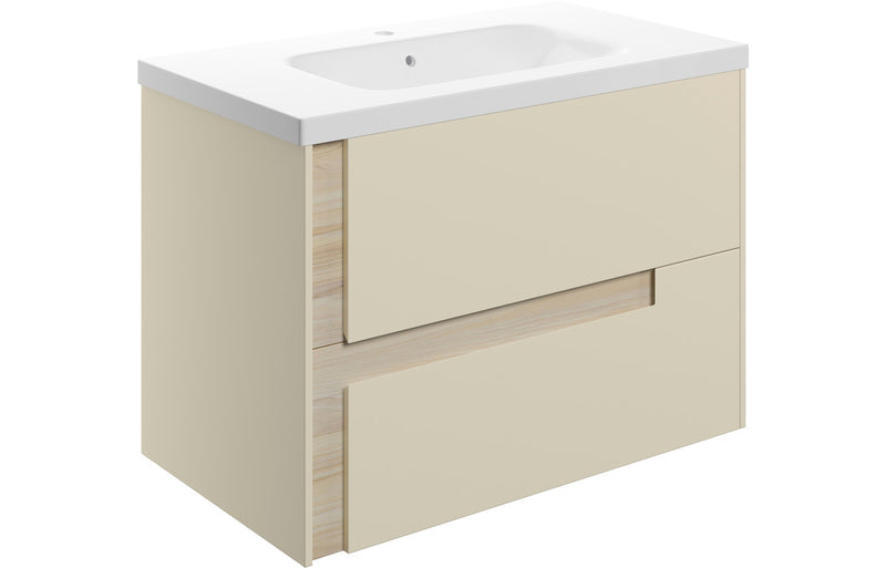 Iris 815mm Wall Hung 2 Drawer Basin Unit & 1TH White Basin - Matt Cotton & Oak Effect - KPSB106887