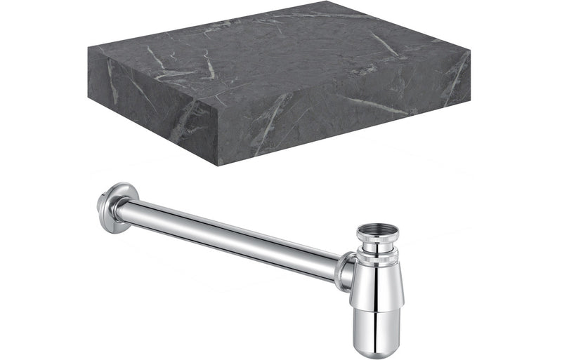 Jasmine 600mm Wall Hung Grey Marble Basin Shelf & Chrome Bottle Trap - KPSB106943