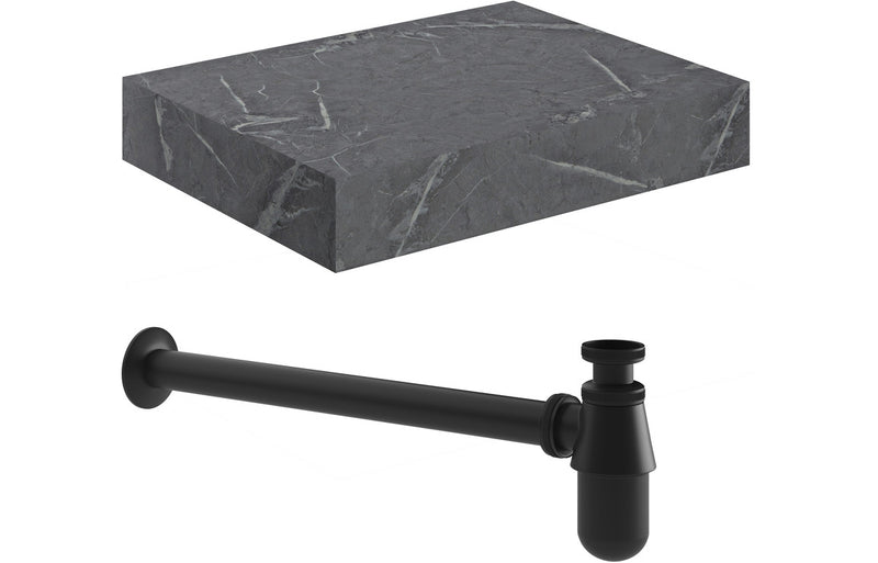 Jasmine 600mm Wall Hung Grey Marble Basin Shelf & Black Bottle Trap - KPSB106944