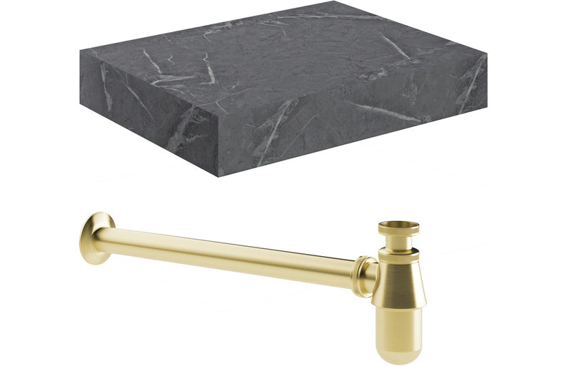 Jasmine 600mm Wall Hung Grey Marble Basin Shelf & Brushed Brass Bottle Trap - KPSB106945