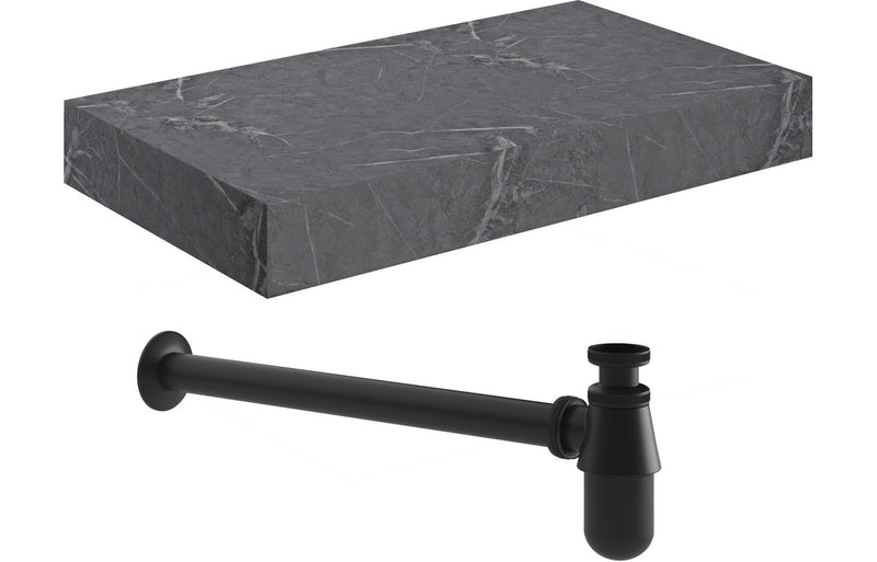 Jasmine 800mm Wall Hung Grey Marble Basin Shelf & Black Bottle Trap - KPSB106948