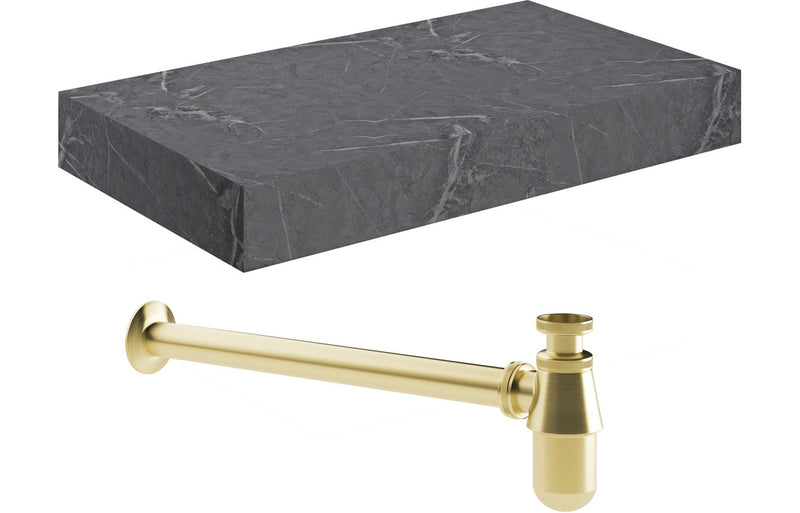 Jasmine 800mm Wall Hung Grey Marble Basin Shelf & Brushed Brass Bottle Trap - KPSB106949