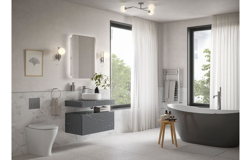 Jasmine 800mm Wall Hung Grey Marble Basin Shelf & Brushed Brass Bottle Trap - KPSB106949