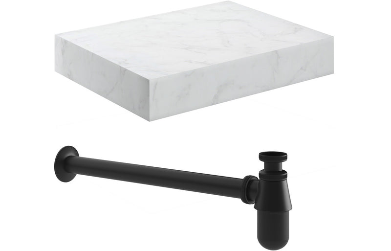 Jasmine 600mm Wall Hung White Marble Basin Shelf & Black Bottle Trap - KPSB106958