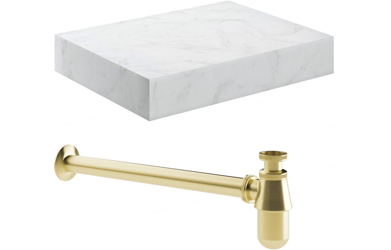 Jasmine 600mm Wall Hung White Marble Basin Shelf & Brushed Brass Bottle Trap - KPSB106959
