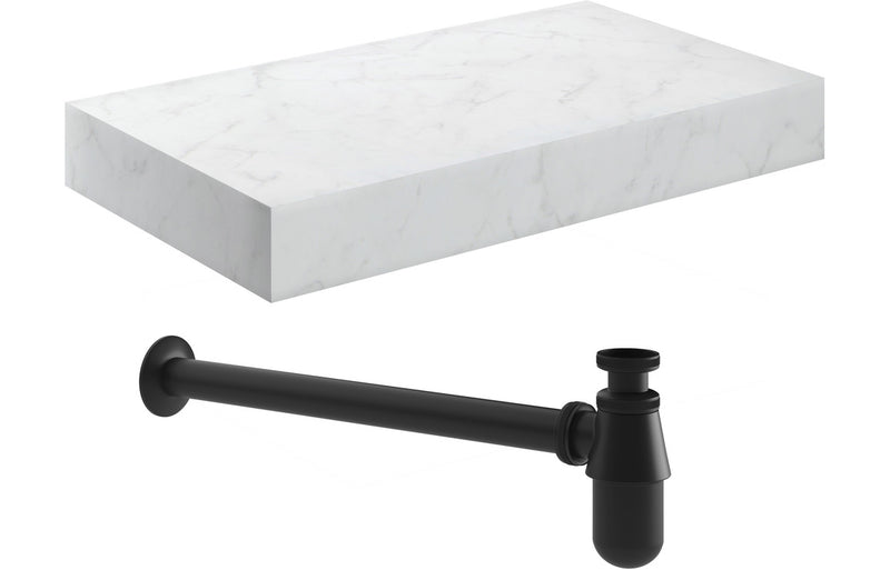 Jasmine 800mm Wall Hung White Marble Basin Shelf & Black Bottle Trap - KPSB106962