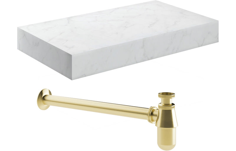 Jasmine 800mm Wall Hung White Marble Basin Shelf & Brushed Brass Bottle Trap - KPSB106963