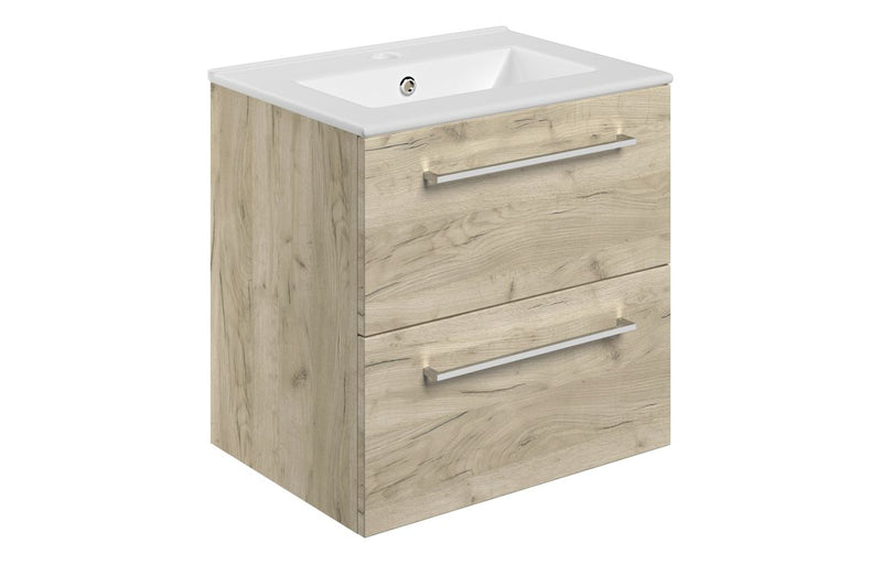 Willow 510mm Wall Hung 2 Drawer Basin Unit & 1TH Thin Edge Basin - Oak - KPSB107490