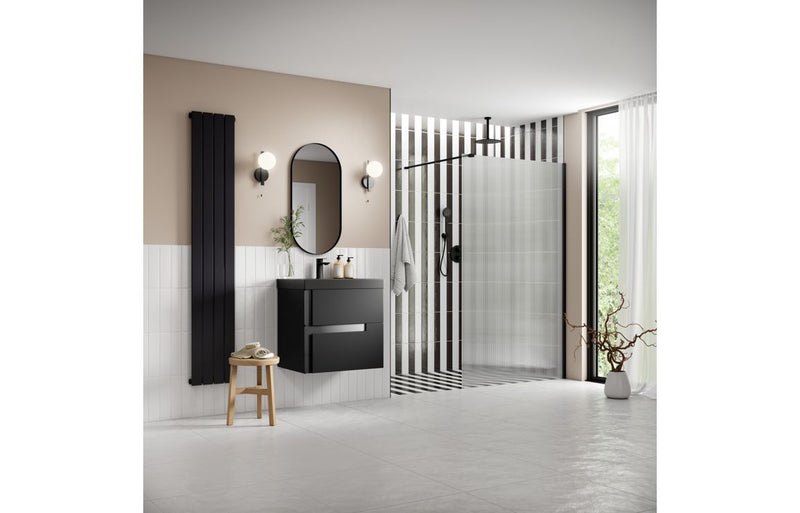 Crystal 900mm Fluted Wetroom Panel & Support Arm - Black - KPSB107554