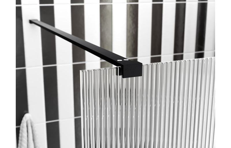 Crystal 900mm Fluted Wetroom Panel & Support Arm - Black - KPSB107554