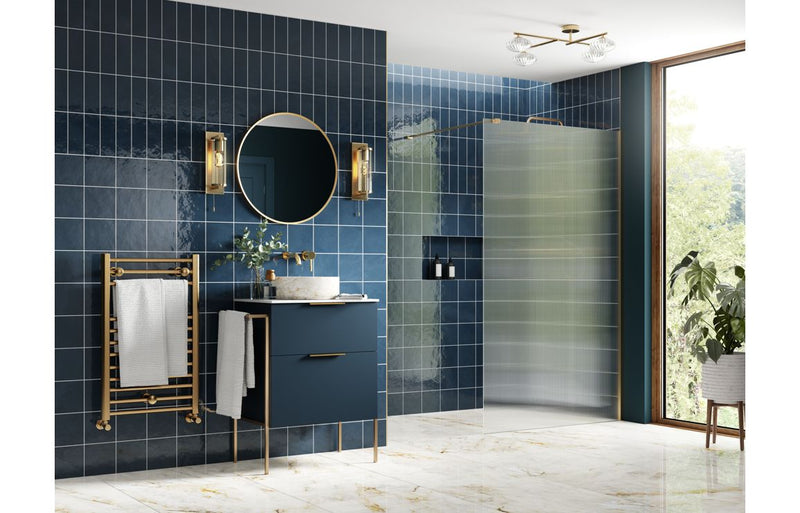 Crystal 800mm Fluted Wetroom Panel & Support Bar - Brushed Brass - KPSB107577