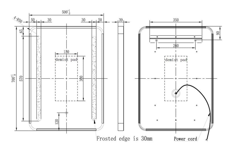 Katie 500x700mm Rounded Front-Lit LED Mirror - Black - KPSB108103