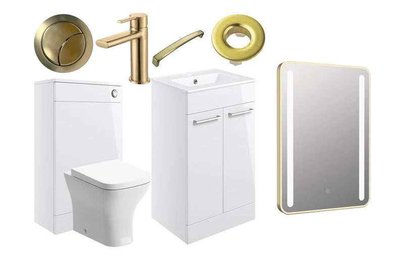 Willow 510mm F/S Furniture Pack - White Gloss w/Brushed Brass Finishes - KPSB108134