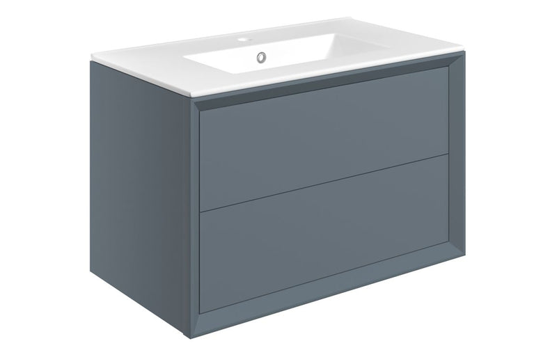 Pansy 815mm Wall Hung 2 Drawer Basin Unit & 1TH Thin Edge Basin - Matt Storm Blue - KPSB108468