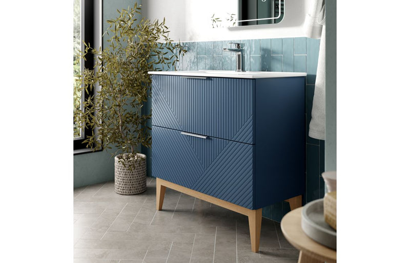 Bloom 615mm Floor Standing 2 Drawer Basin Unit & Basin - Matt Smoke Blue - KPSB108496