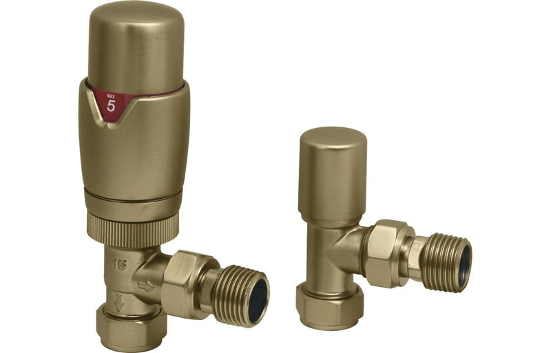 Round Thermostatic Brushed Brass Radiator Valves - Angled - KPSB108859