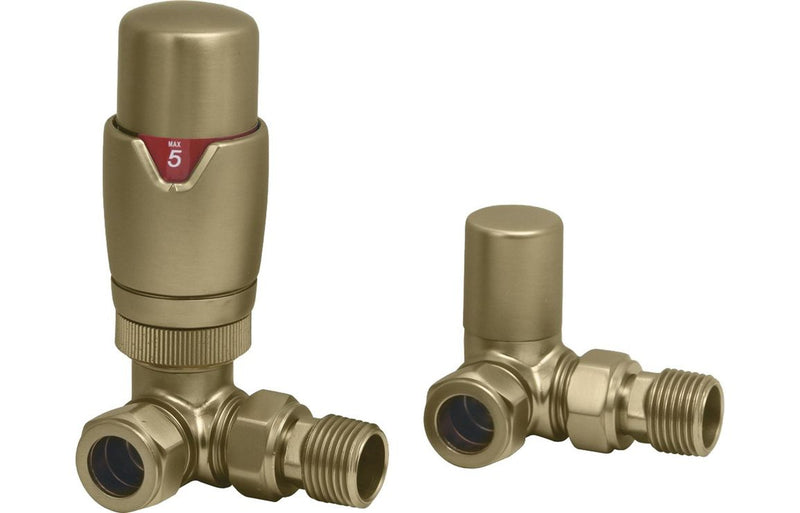 Round Thermostatic Brushed Brass Radiator Valves - Corner - KPSB108861
