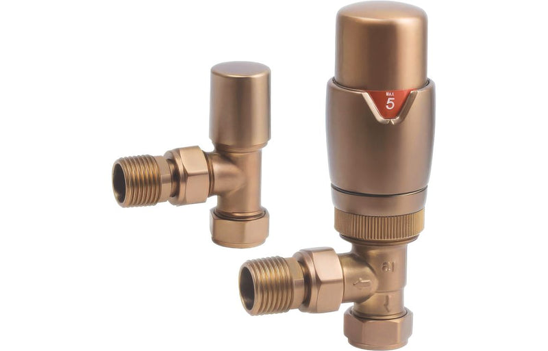 Round Thermostatic Brushed Bronze Radiator Valves - Angled - KPSB108863