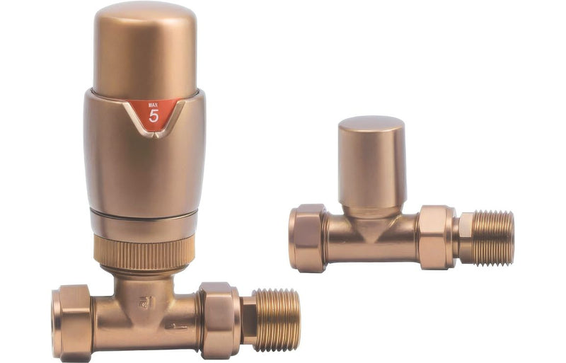 Round Thermostatic Brushed Bronze Radiator Valves - Straight - KPSB108864
